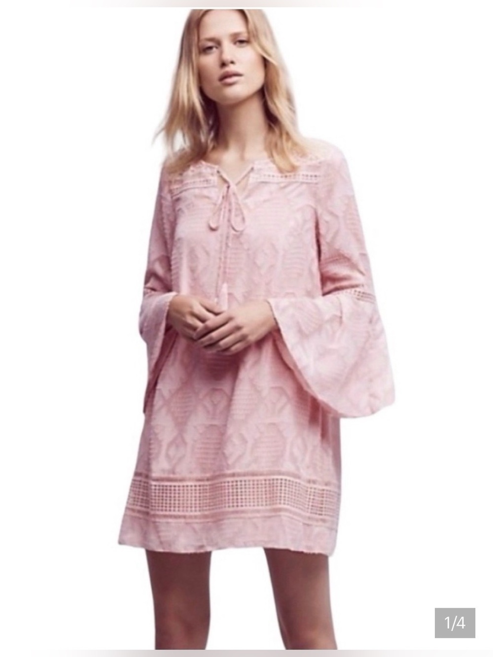 LOFT Blush Pink Lace-Texture Bell Sleeve Dress